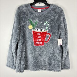 Secret Treasures Christmas Pajama Sweater Top M Gray Fuzzy Furry Hot Cocoa NWT